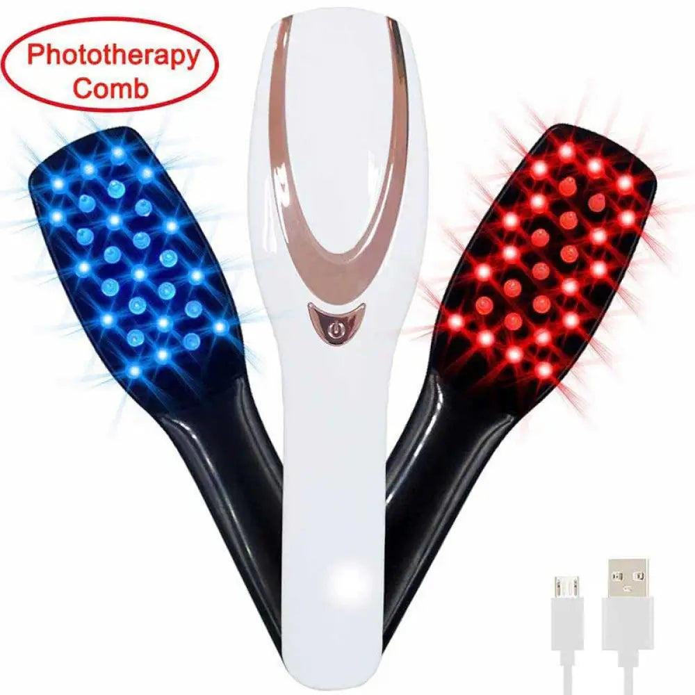 A sleek white and rose gold iridescent phototherapy comb with blue and red led lights for scalp and hair treatment