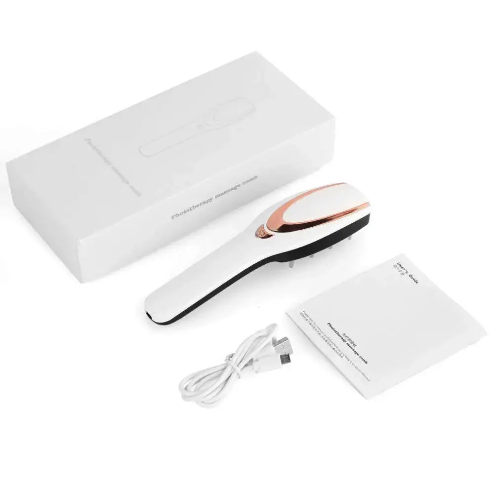White and rose gold handheld phototherapy massage comb with black accents for scalp and hair treatment