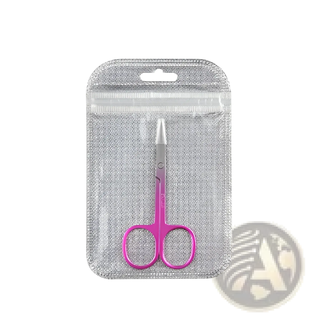 Pink-handled iridescent stainless steel butterfly eyebrow trimmer scissors with metallic blades in clear plastic sleeve