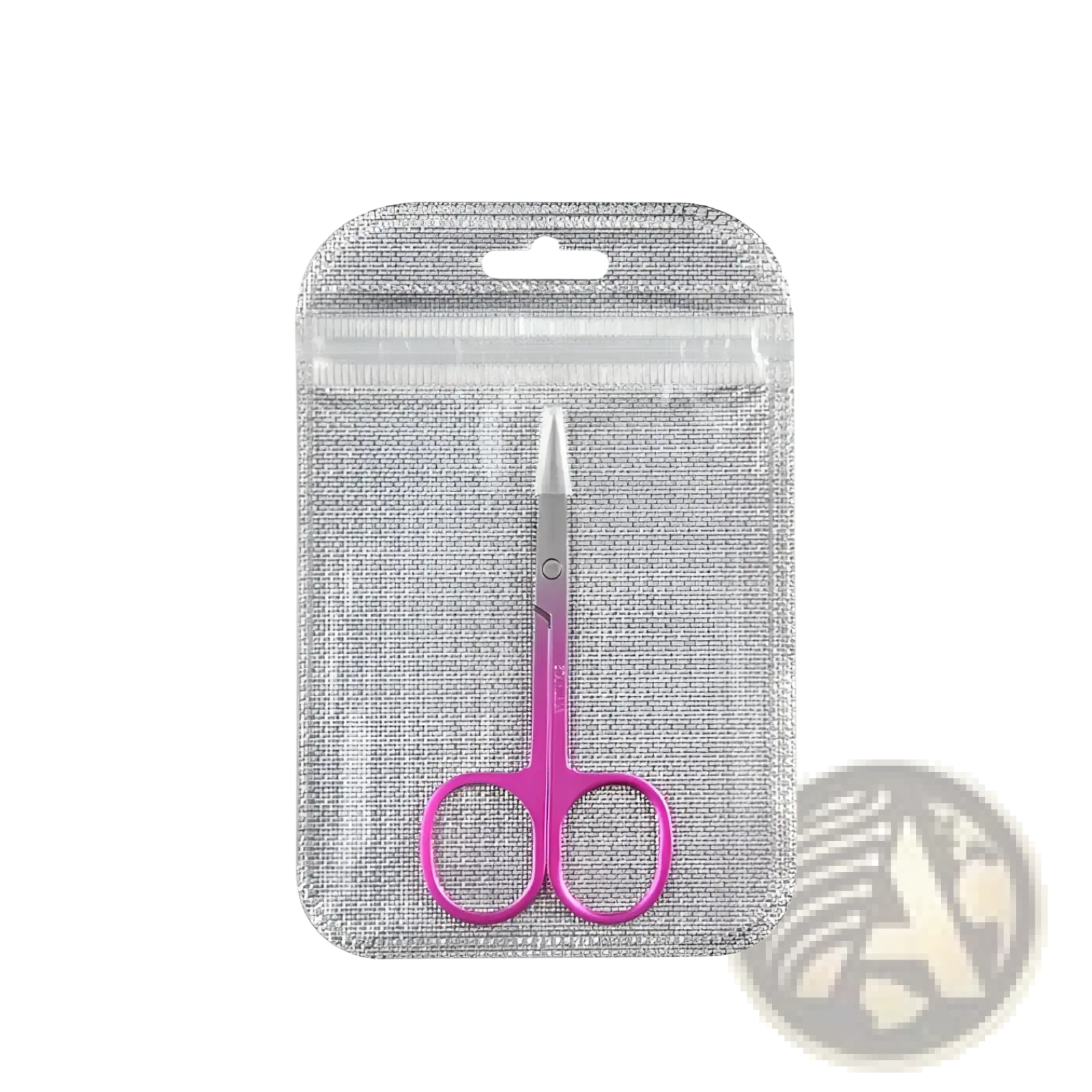 Pink-handled iridescent stainless steel butterfly eyebrow trimmer scissors with metallic blades in clear plastic sleeve