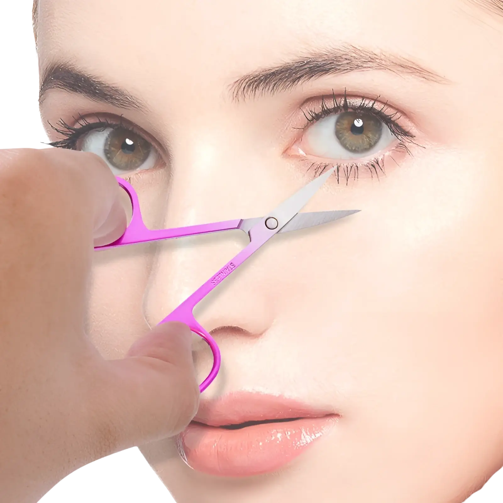 A pair of vibrant pink-handled iridescent stainless steel butterfly eyebrow trimmer scissors with a sleek modern design