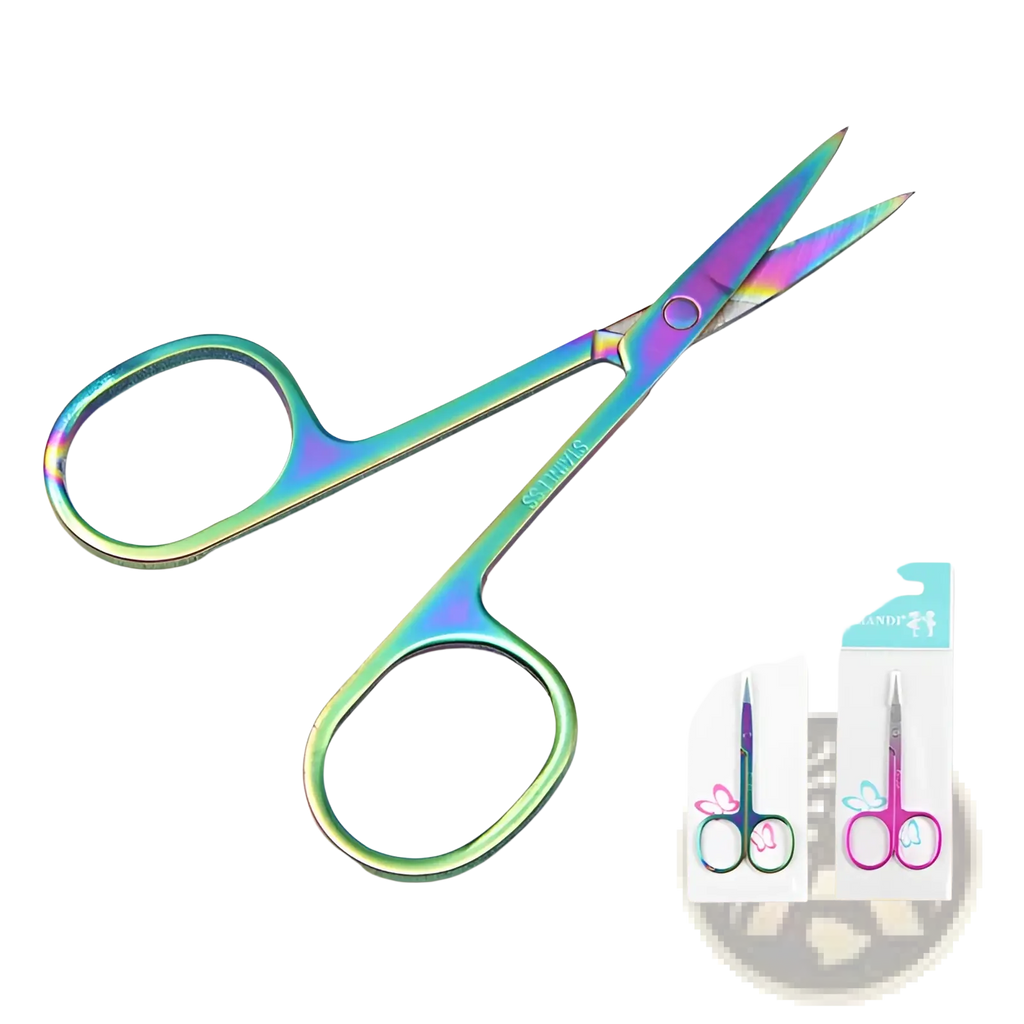 Iridescent stainless steel butterfly eyebrow trimmer scissors with sleek rainbow-finished blade and handle
