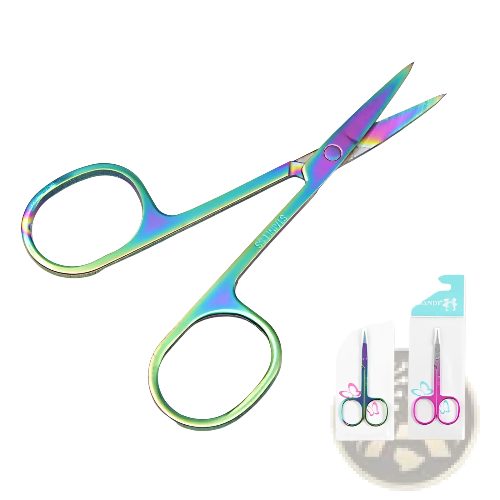 Iridescent stainless steel butterfly eyebrow trimmer scissors with sleek rainbow-finished blade and handle