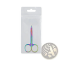 Iridescent stainless steel butterfly eyebrow trimmer scissors with rainbow finish in clear plastic package