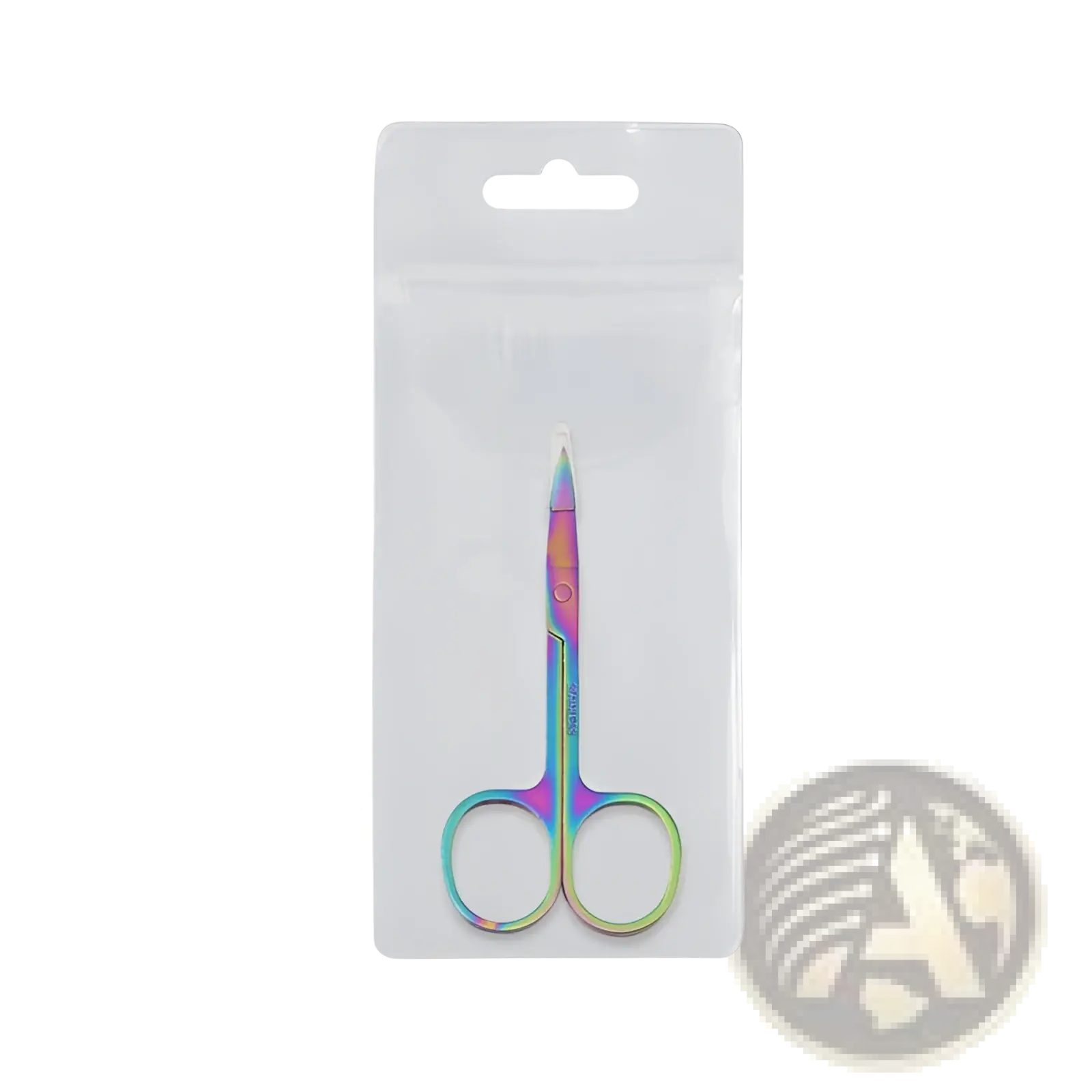 Iridescent stainless steel butterfly eyebrow trimmer scissors with rainbow finish in clear plastic package