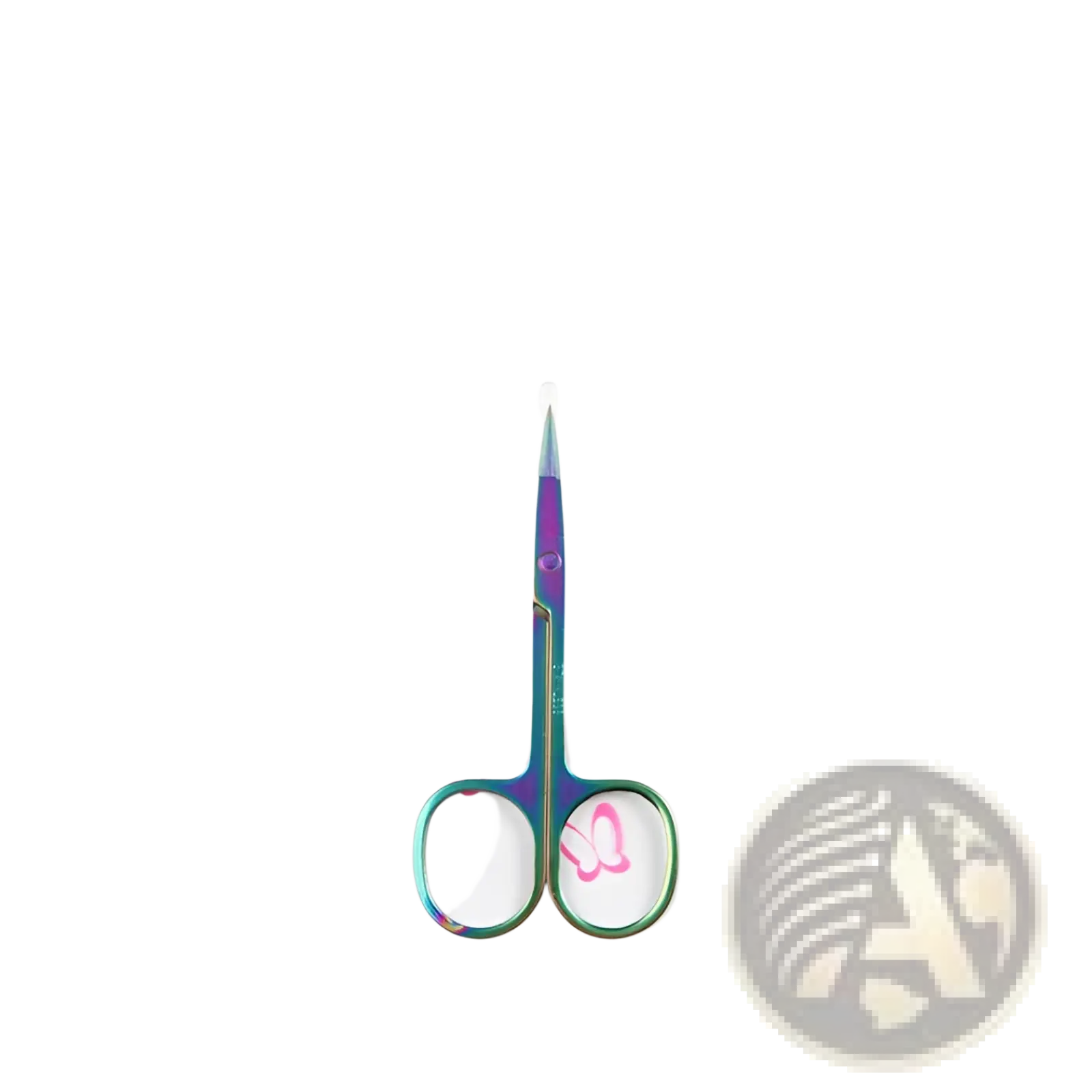 Iridescent stainless steel butterfly eyebrow trimmer scissors with sleek rainbow-finished metal blade and handle