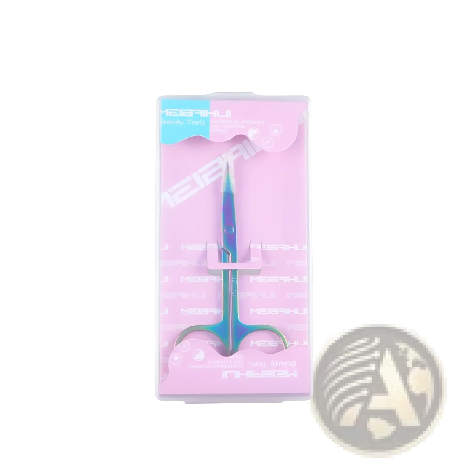 Iridescent blue and green stainless steel butterfly eyebrow trimmer scissors in pink branded package