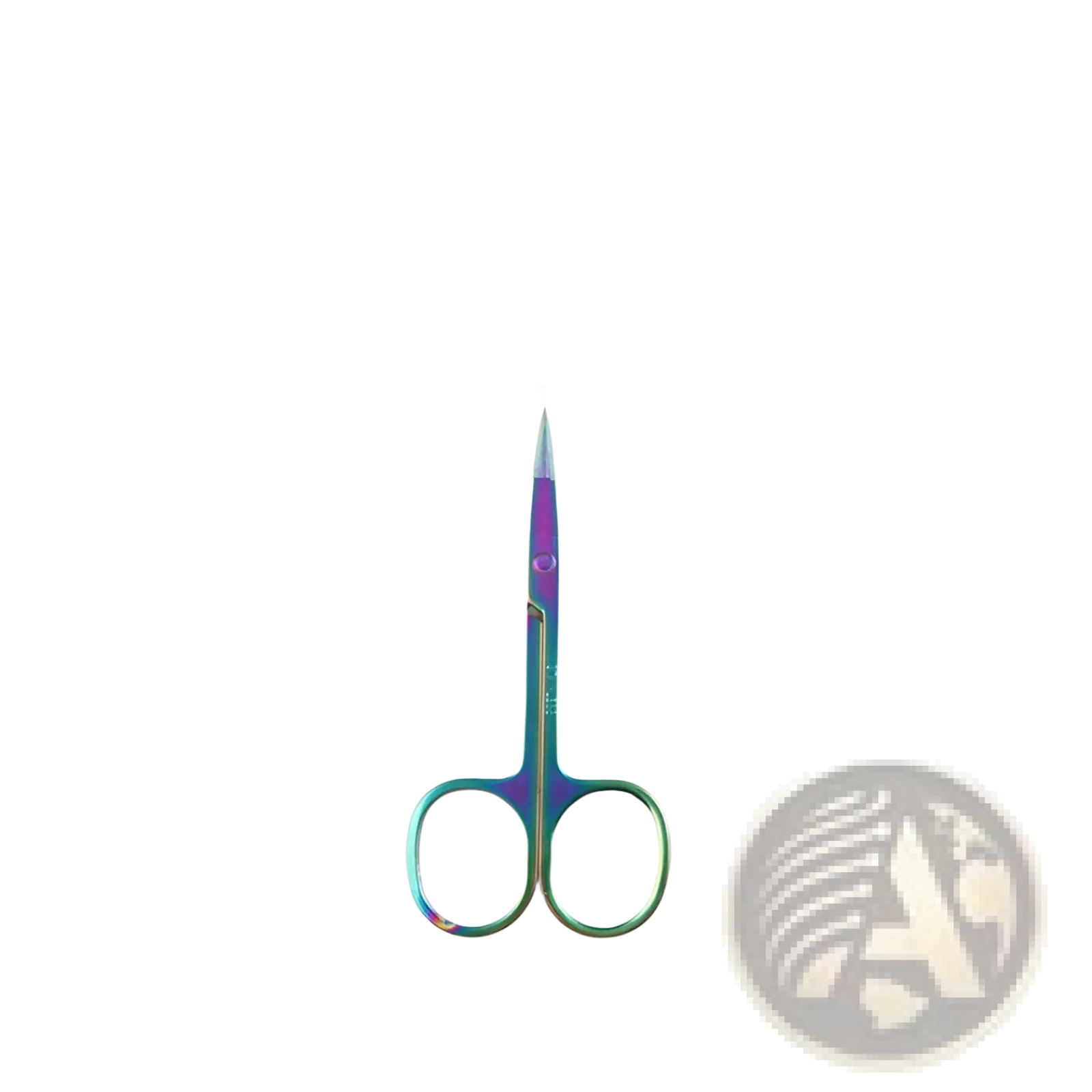 Iridescent stainless steel butterfly eyebrow trimmer scissors in clear package with light blue header