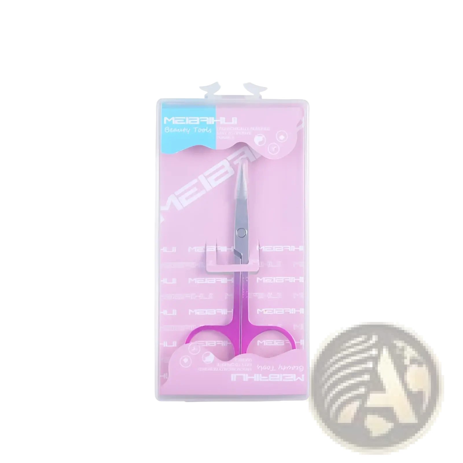 Iridescent stainless steel butterfly eyebrow trimmer scissors in pink and silver packaged by meibahi