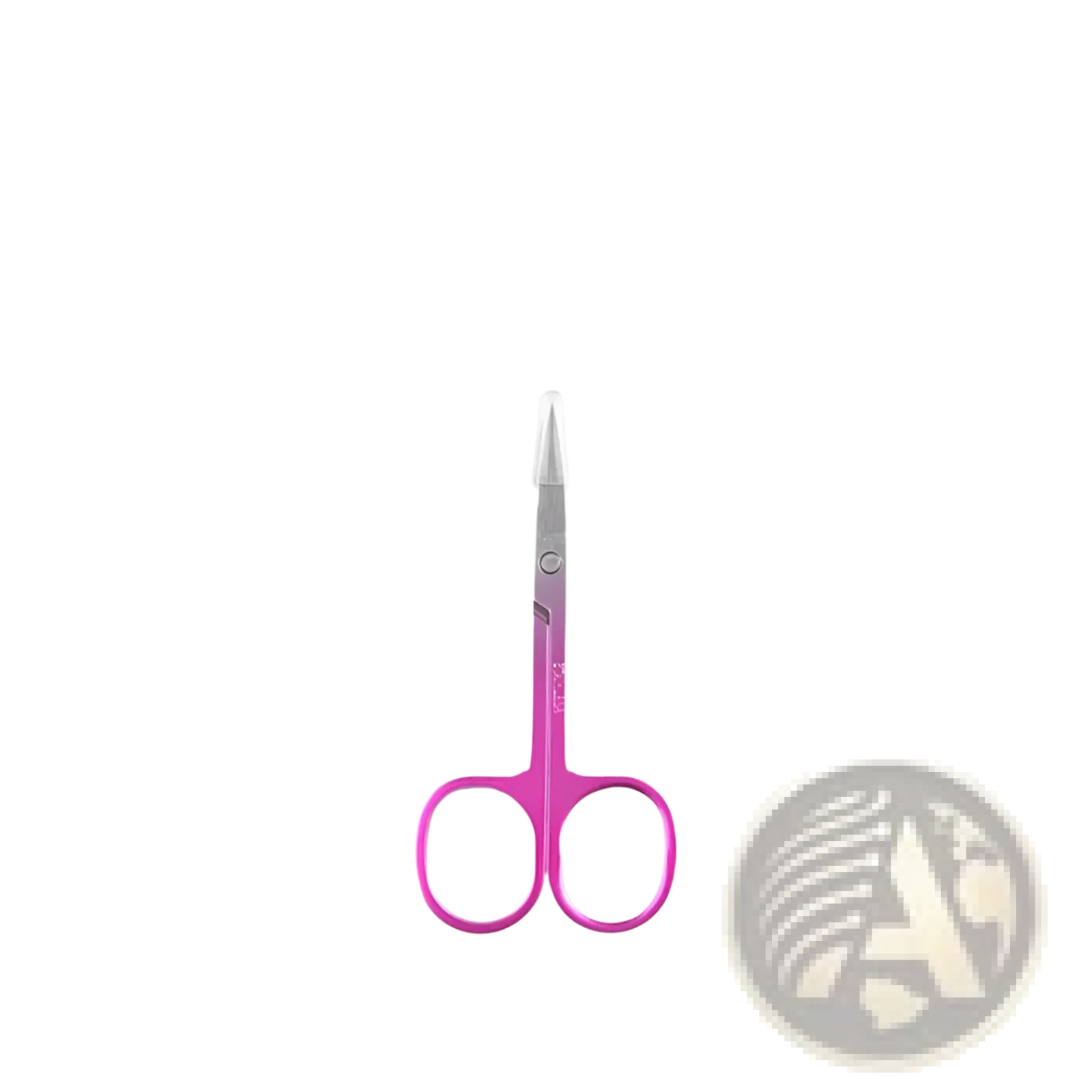 Iridescent stainless steel butterfly eyebrow trimmer scissors with pink handles and silver blades in clear plastic sleeve