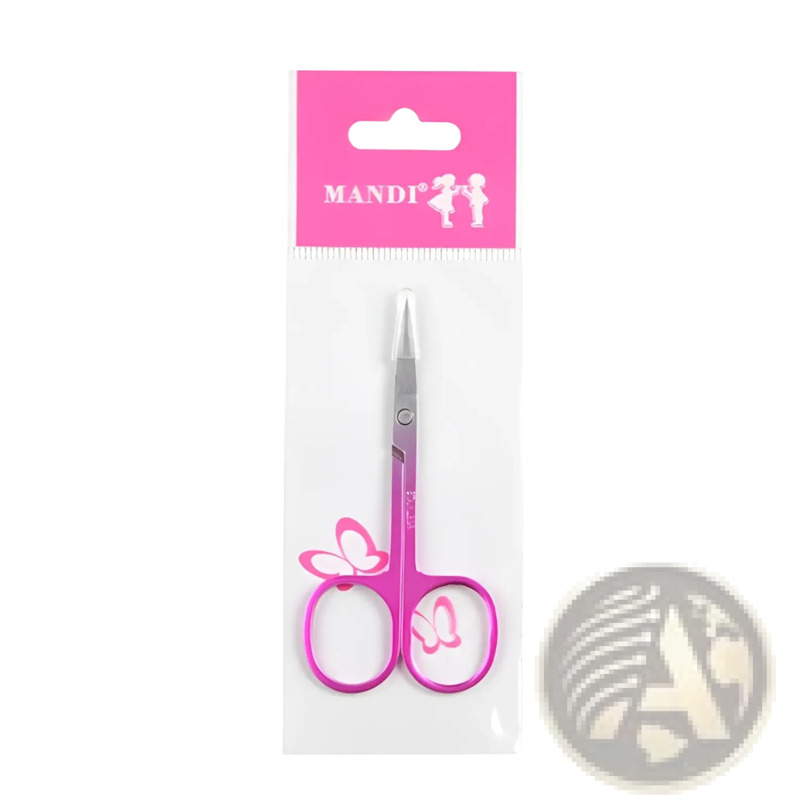 Iridescent stainless steel eyebrow trimmer scissors with pink butterfly decorations in clear packaging with pink header