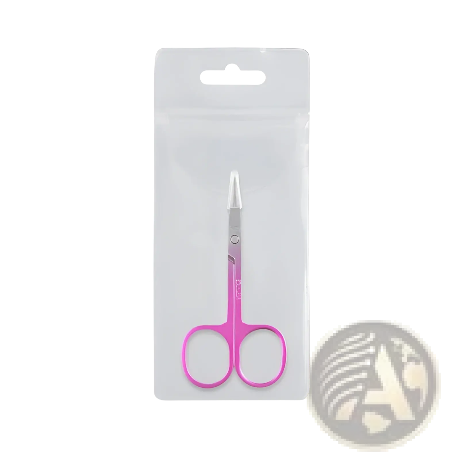 Iridescent stainless steel butterfly eyebrow trimmer scissors in pink and silver inside a clear plastic package