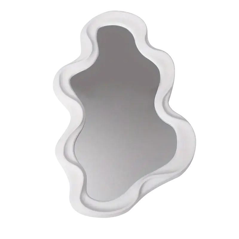 A modern white-framed irregular decorative mirror with a fluid shape and layered wavy edges for home room cloud decor