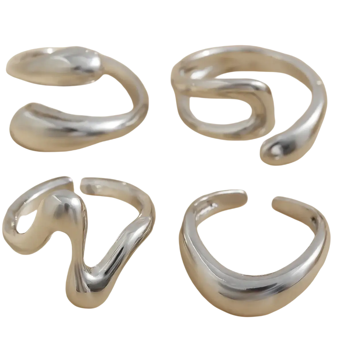 Set of four silver-toned open-ended rings with smooth flowing curves in a modern minimalist gold punk fashion design