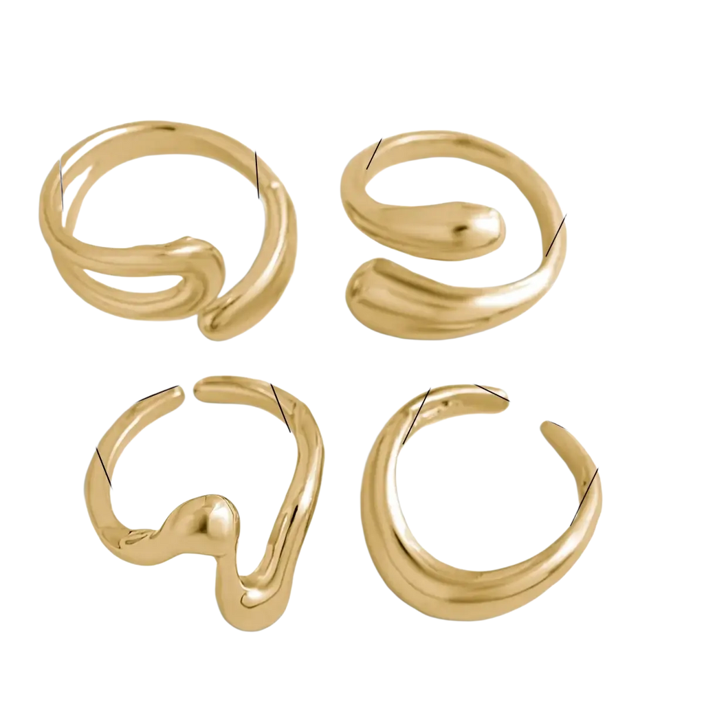 Set of four gold-toned minimalist open-ended rings with smooth sculptural curves irregular geometric design