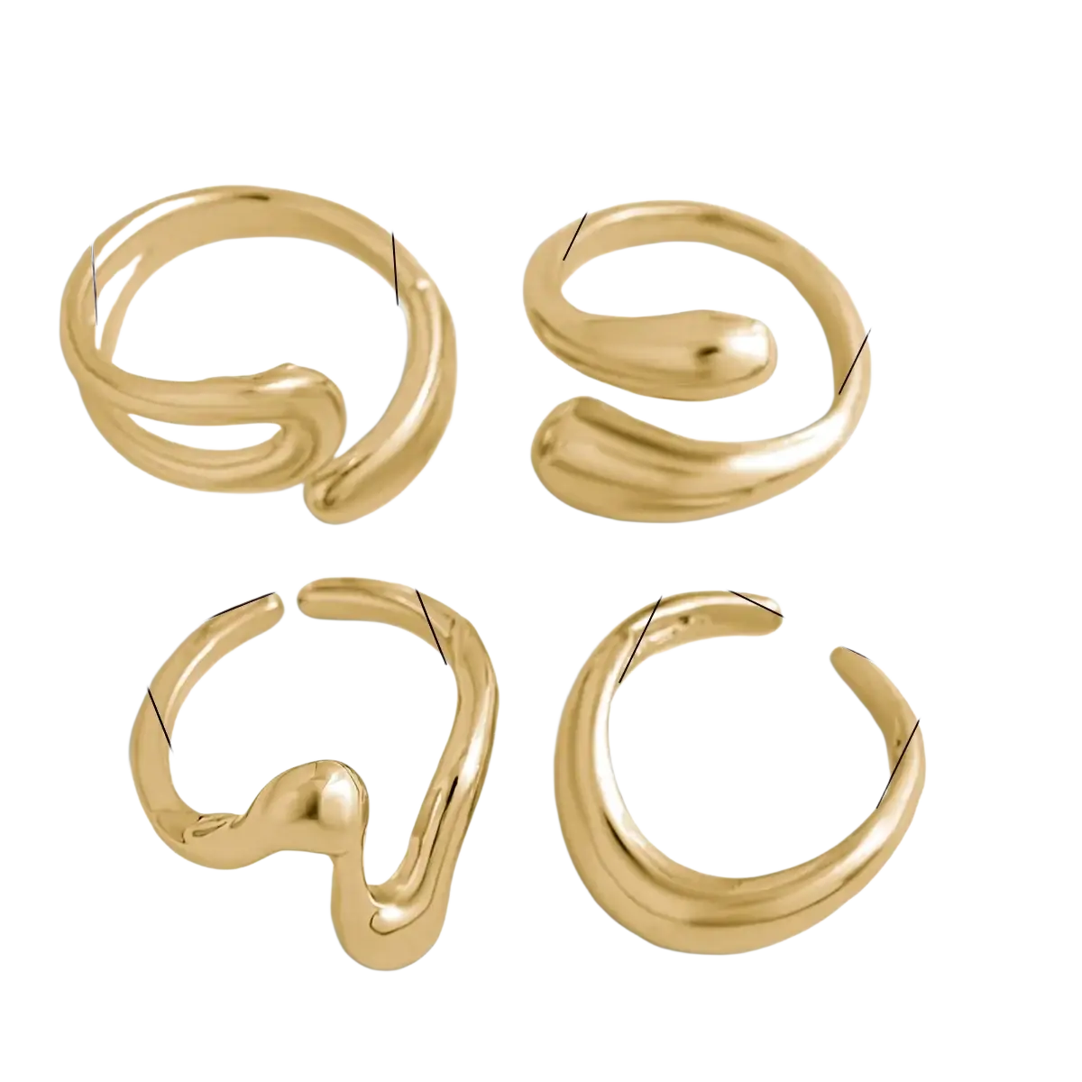 Set of four gold-toned minimalist open-ended rings with smooth sculptural curves irregular geometric design
