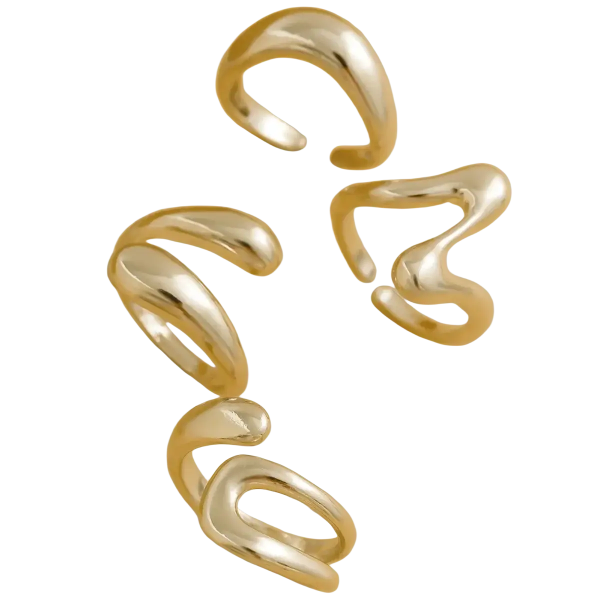 Set of four gold-toned open-ended rings with smooth sculptural curves and polished metallic finish for punk fashion