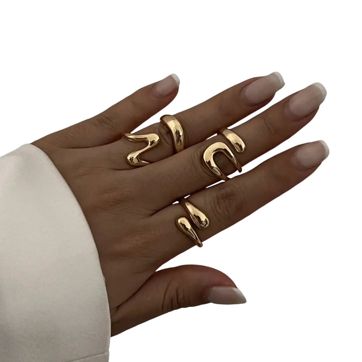 A set of gold-toned irregular geometric rings with smooth flowing designs worn on multiple fingers for punk fashion