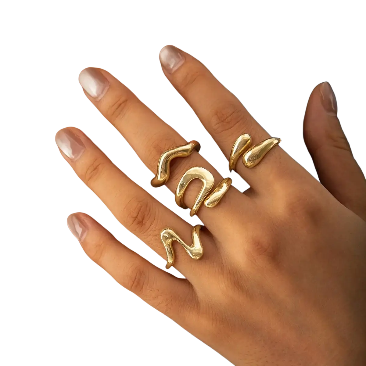 Gold-toned irregular geometric sculptural rings with fluid wavy designs worn on multiple fingers for punk fashion