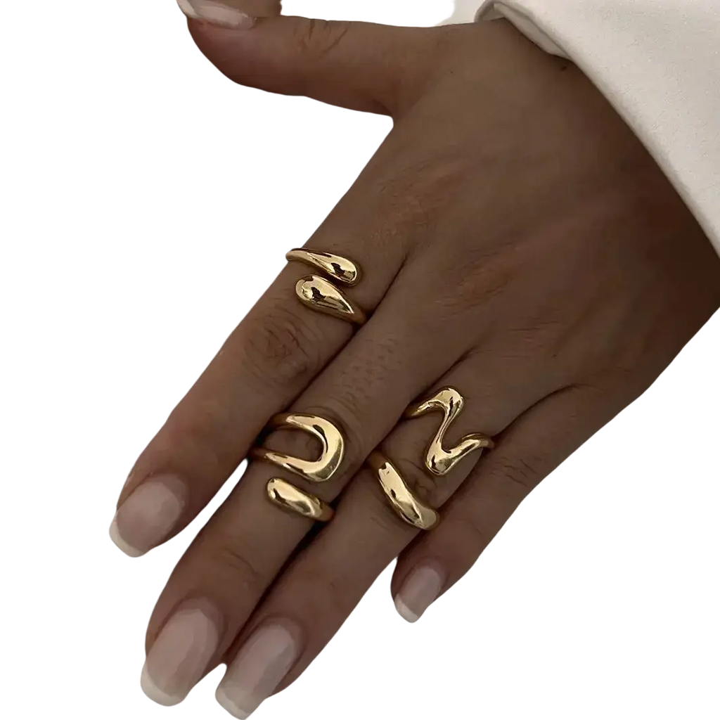Gold-toned sleekly curved snake-ring style irregular geometric ring set for punk fashion accessories