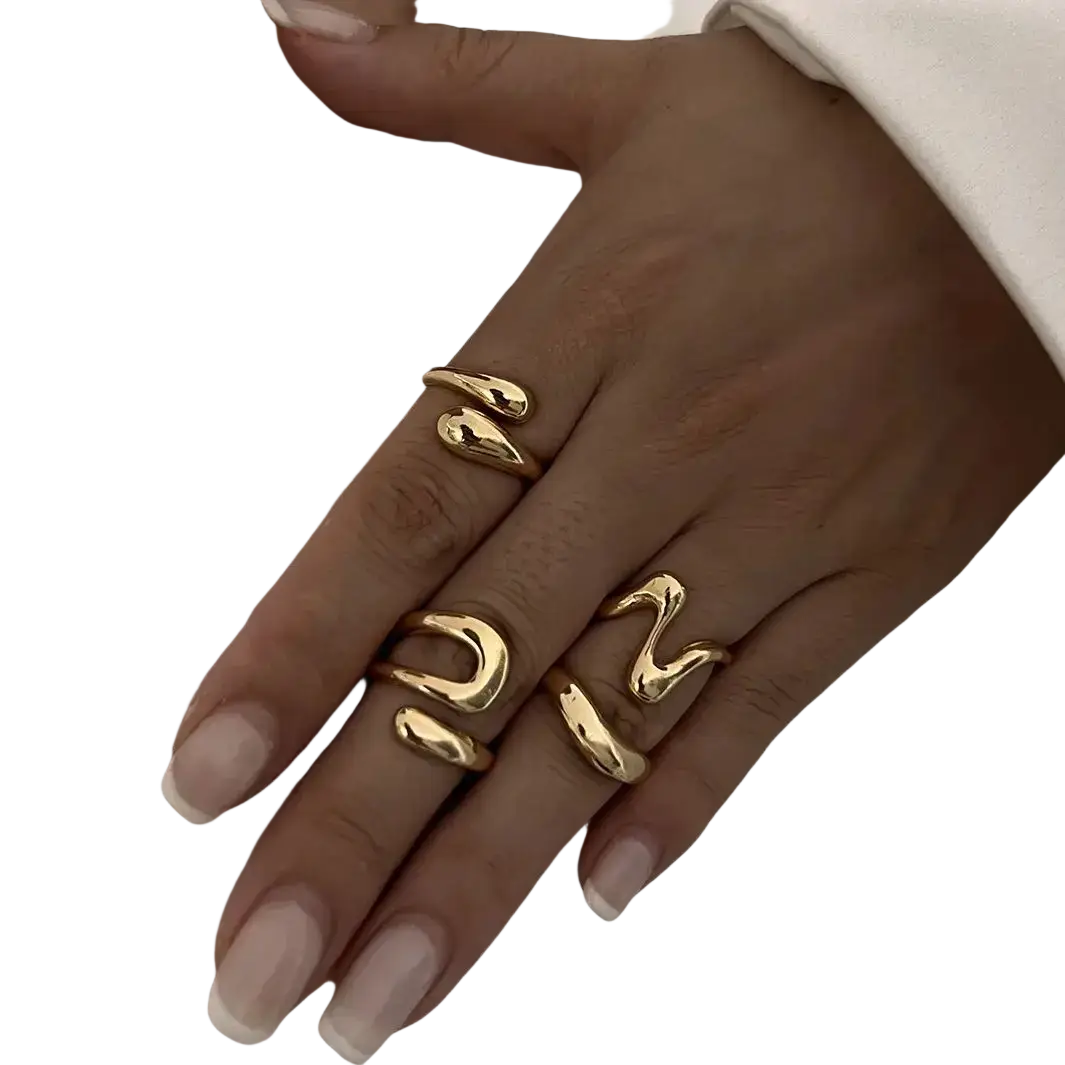 Gold-toned sleekly curved snake-ring style irregular geometric ring set for punk fashion accessories