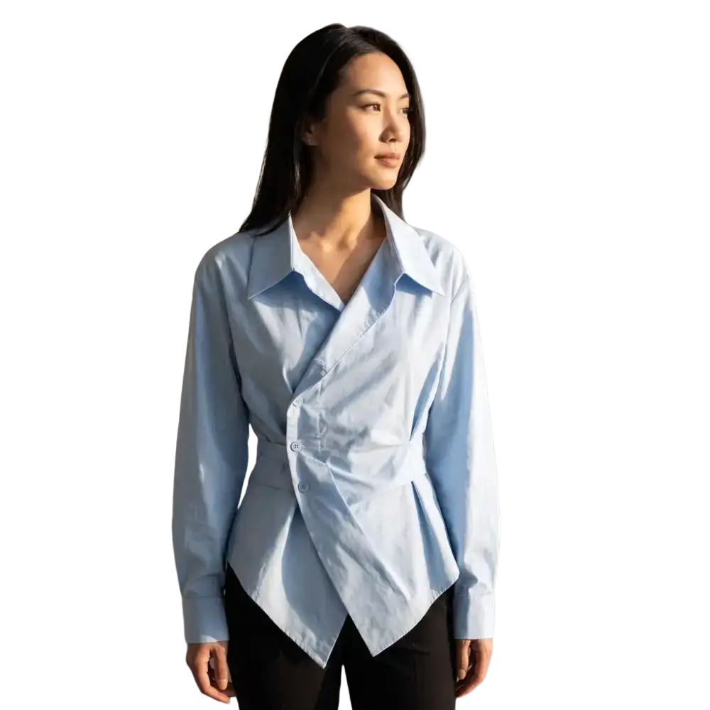 Light blue slim fit women blouse shirt with irregular v collar and modern asymmetrical wrap design