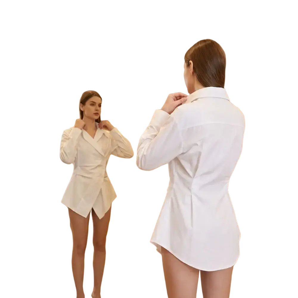 White tailored blazer dress with structured collar and asymmetrical hemline from irregular v collar slim fit women blouse shirt collection