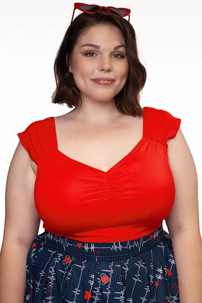 Isabel red sweetheart retro knit top featuring ruched short sleeves and a square neckline in soft knit fabric