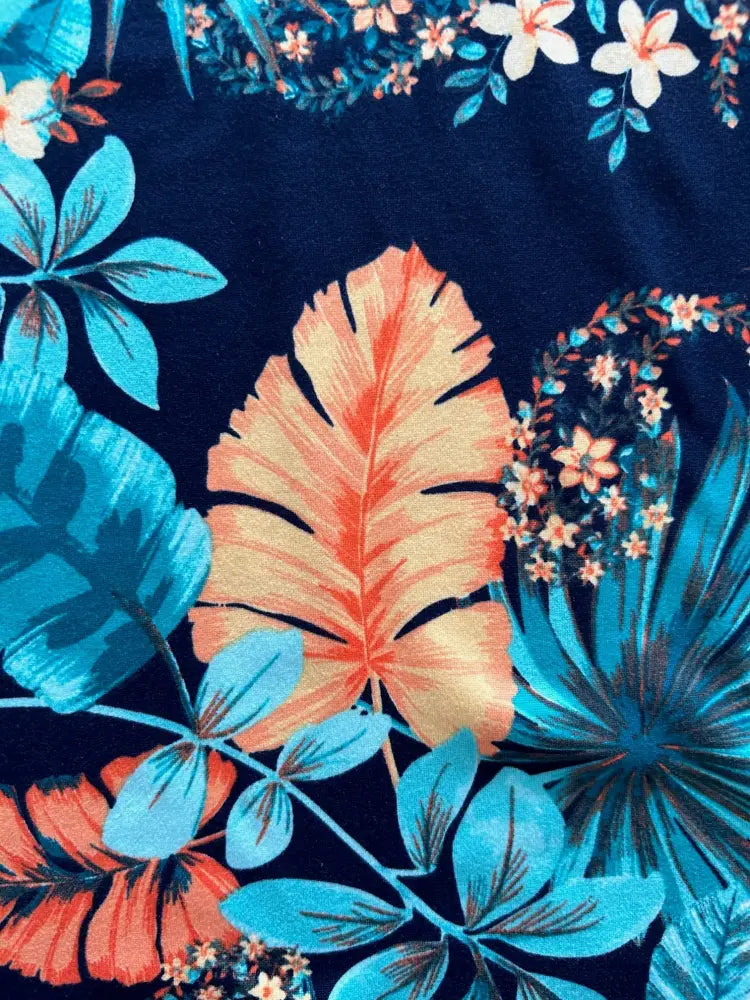 Isabel tropical print sweetheart neckline retro top with vibrant navy blue teal orange and cream floral fabric