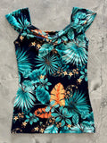 Isabel tropical print sleeveless top with sweetheart neckline and vibrant teal orange yellow foliage on navy background