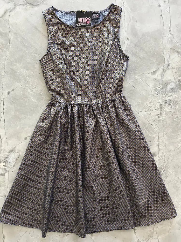 Isabella vintage 1950s sleeveless cotton midi dress in metallic gray with a subtle geometric pattern and fitted waist