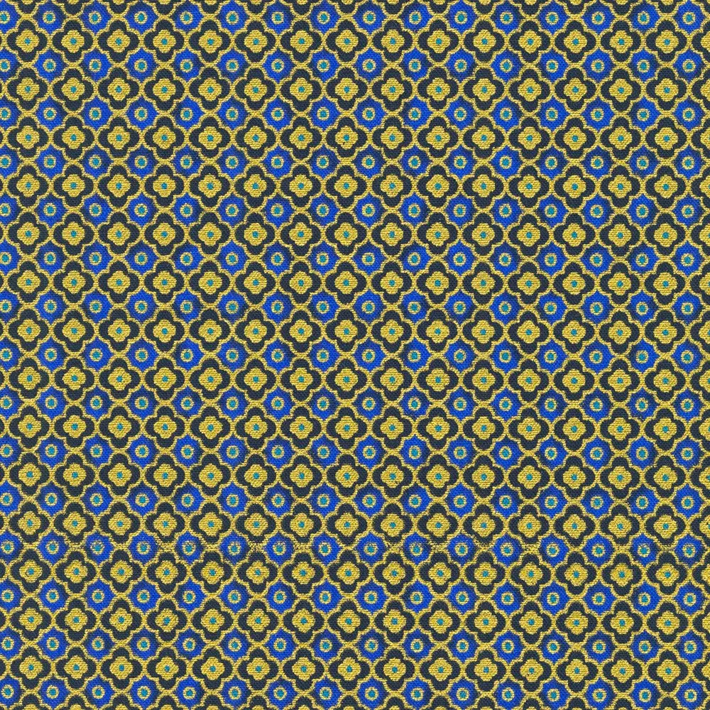 Isabella vintage 1950s cotton midi dress with pockets featuring blue and gold geometric patterned woven fabric