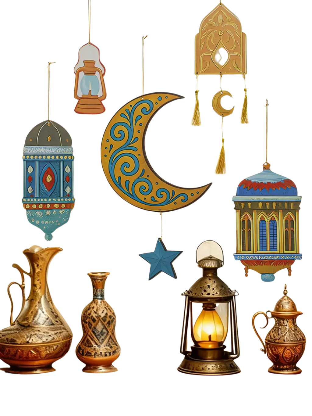 A glowing brass islamic ramadan wall moon star lantern with intricate cut-out patterns and warm amber light in modern style
