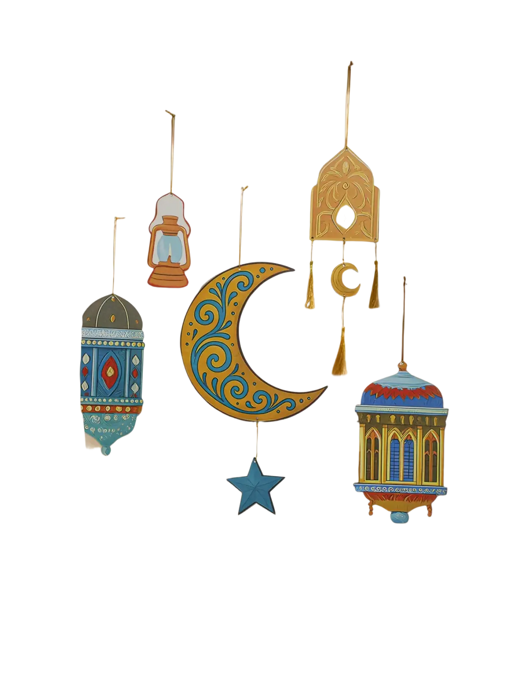Islamic ramadan wall decor wooden crescent moon with intricate turquoise and gold swirls modern style moon star lantern