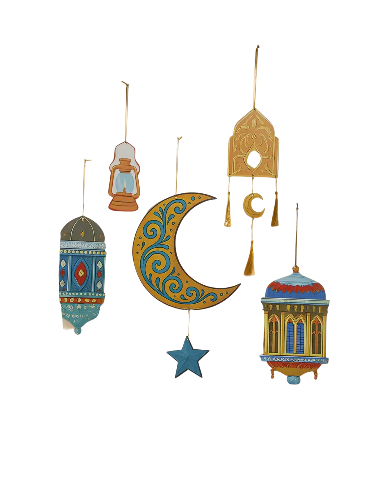 Islamic ramadan wall decor wooden crescent moon with intricate turquoise and gold swirls modern style moon star lantern