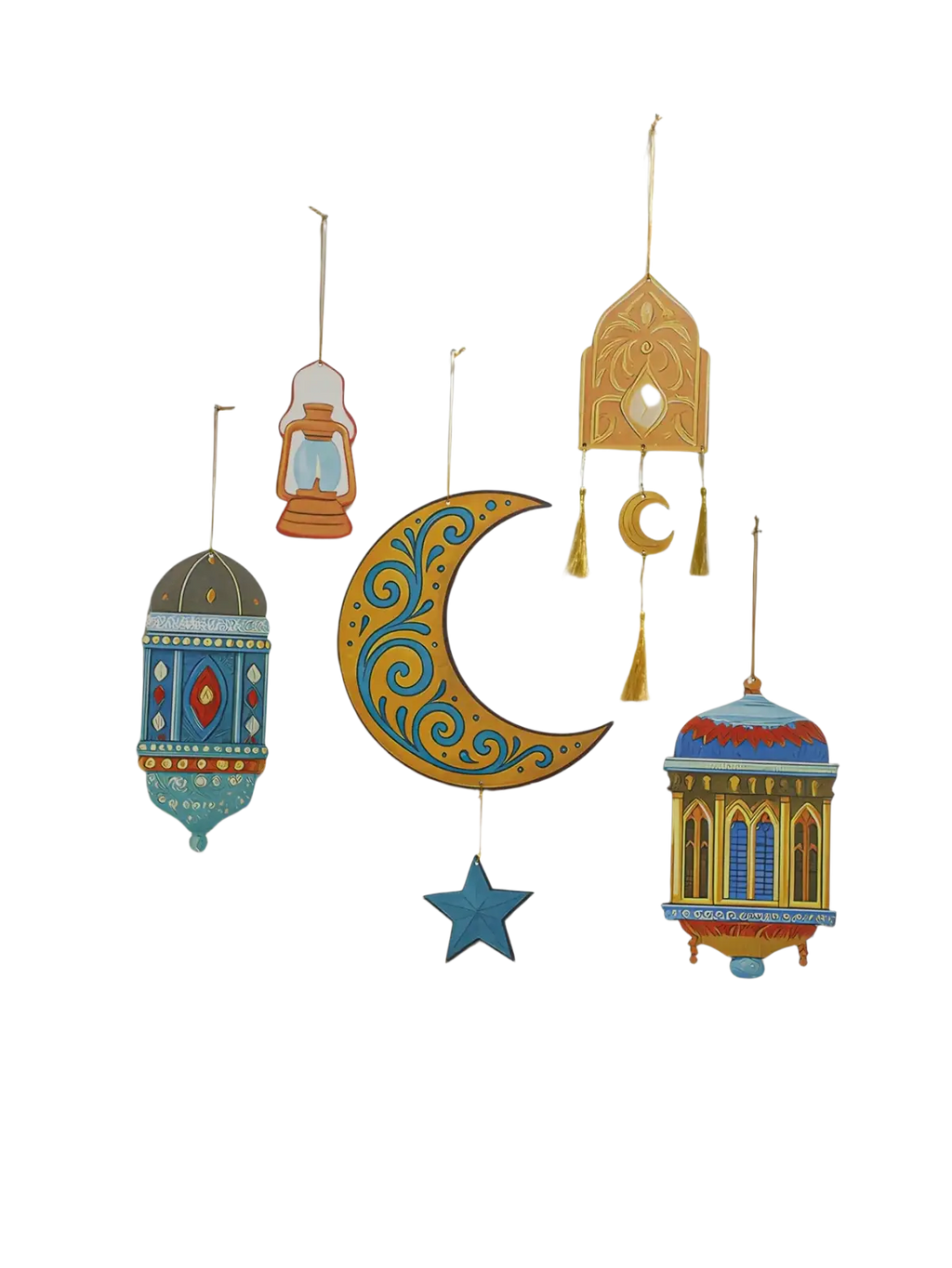 Decorative wooden crescent moon ornament with intricate turquoise and gold swirls for islamic ramadan wall decor modern style moon star lantern