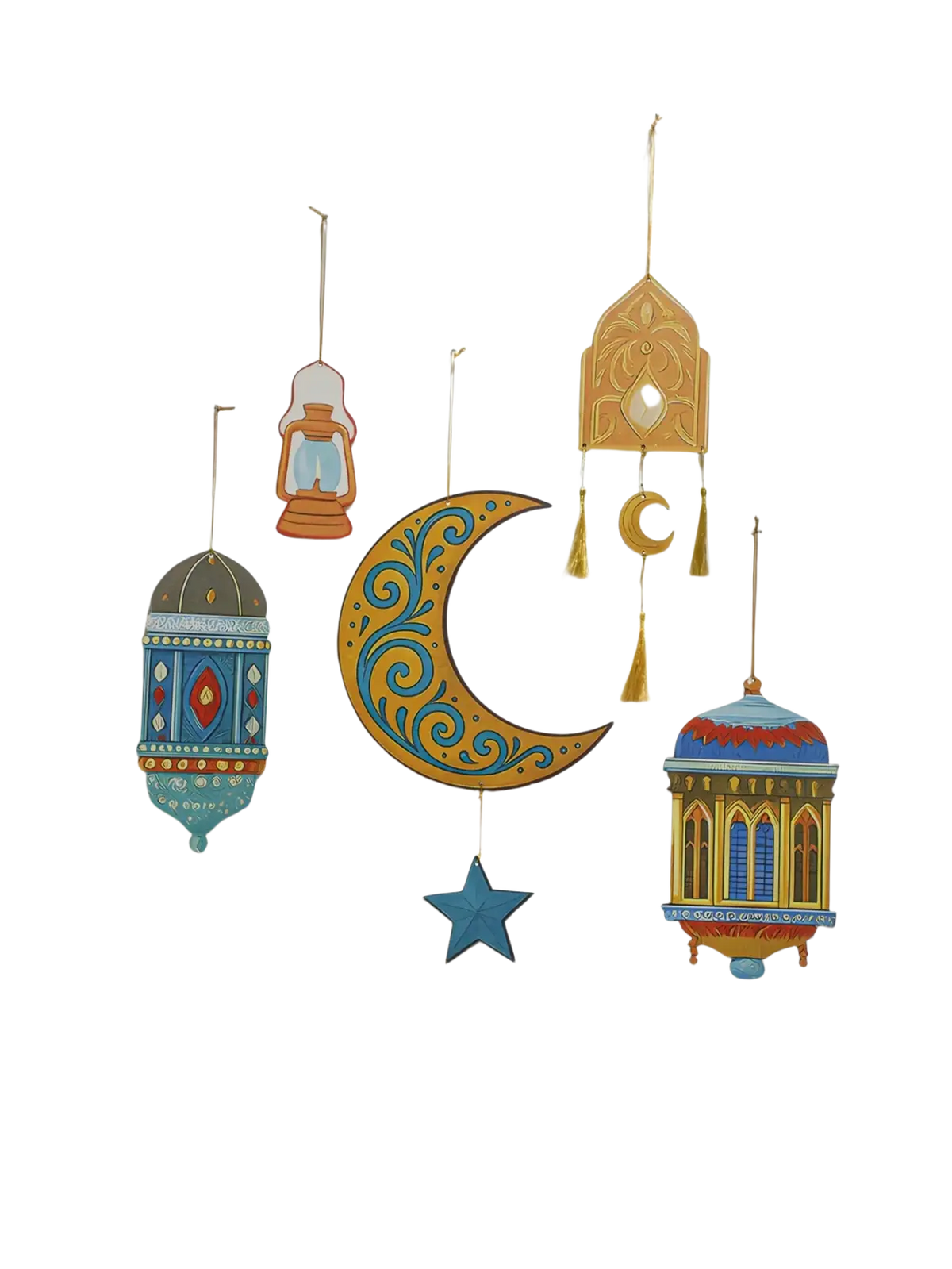 Decorative wooden crescent moon ornament with intricate turquoise and gold swirls for islamic ramadan wall decor modern style moon star lantern