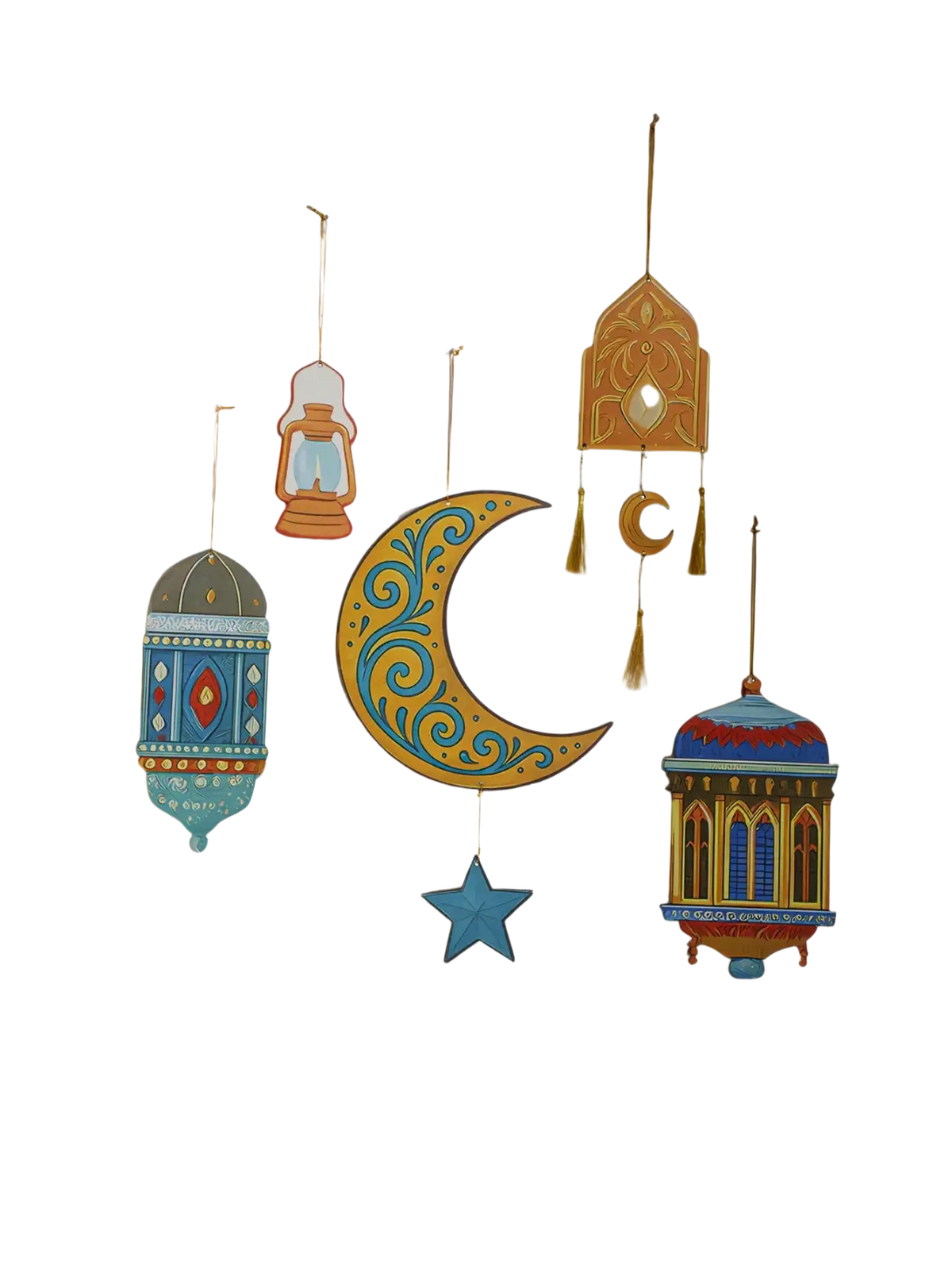A vibrant hand-painted wooden crescent moon star lantern with teal swirls on gold for islamic ramadan wall decor modern style