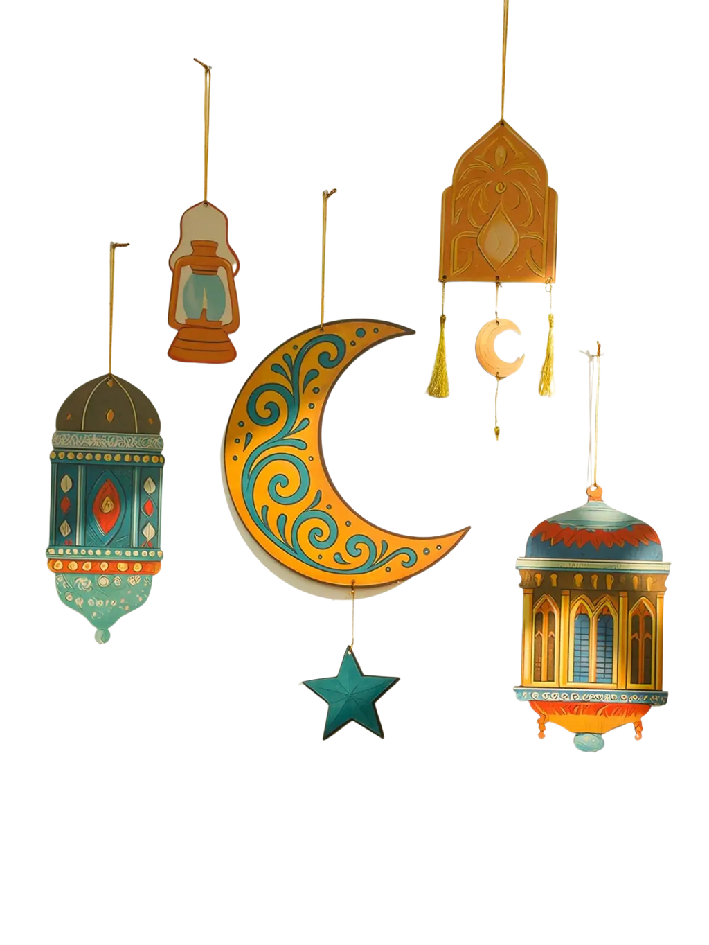 A vibrant orange crescent moon star lantern with intricate teal patterns in modern style islamic ramadan wall decor