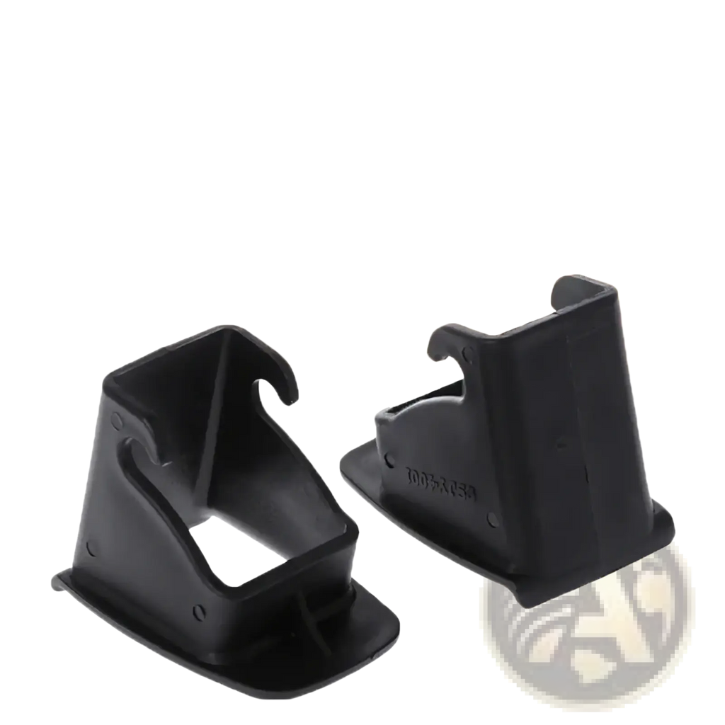 Black plastic Isofix latch guide connector clips for car baby seat shown from the back side