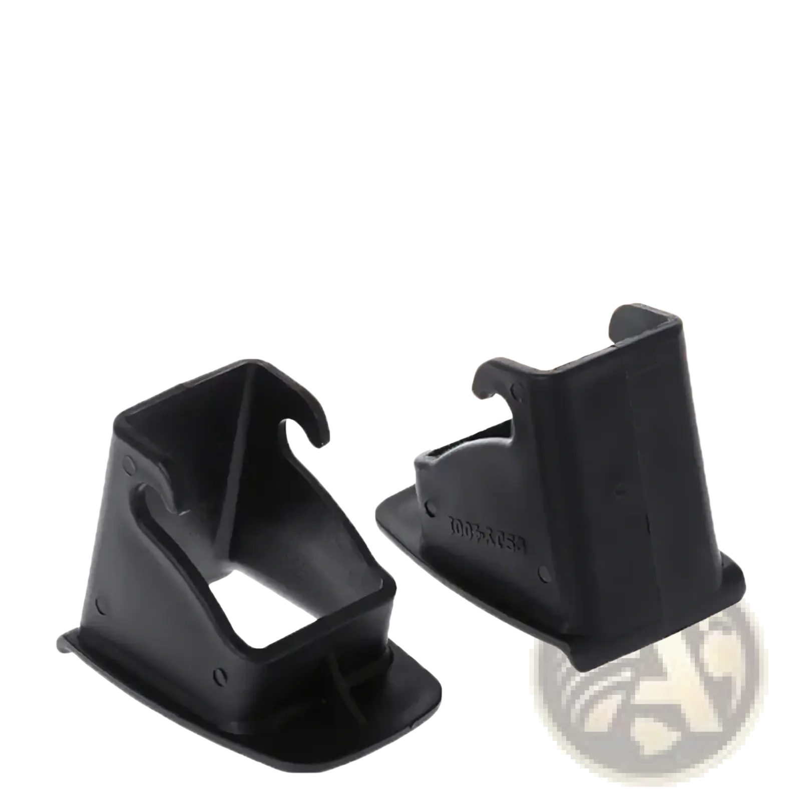 Black plastic Isofix latch guide connector clips for car baby seat shown from the back side