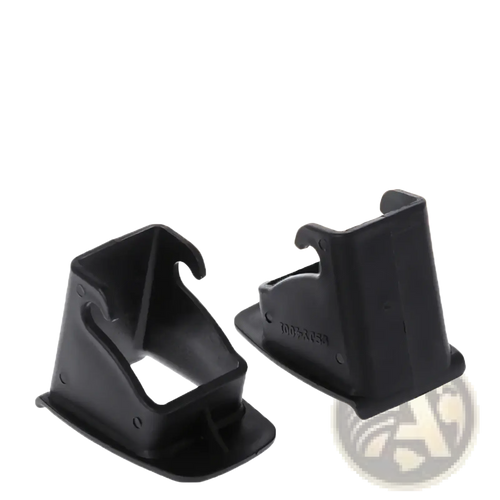 Black plastic Isofix latch guide connector clips for car baby seat shown from the back side