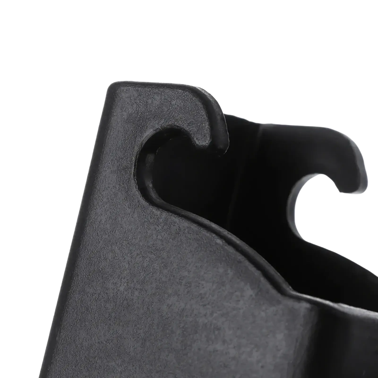 Black plastic hook clip with textured surface and curved design for isofix latch guide connector car baby seat use