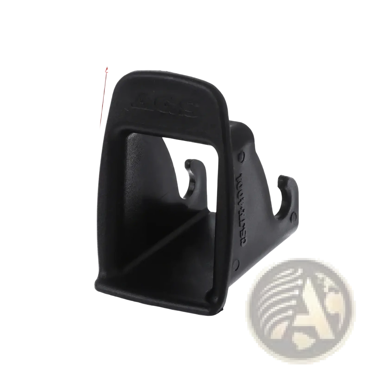 Black plastic isofix latch guide connector with rectangular shape and two curved hooks for car baby seat safety