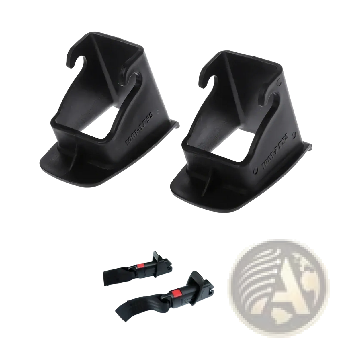 Black plastic isofix latch guide connector with integrated hooks and red-accented strap buckle for car baby seat