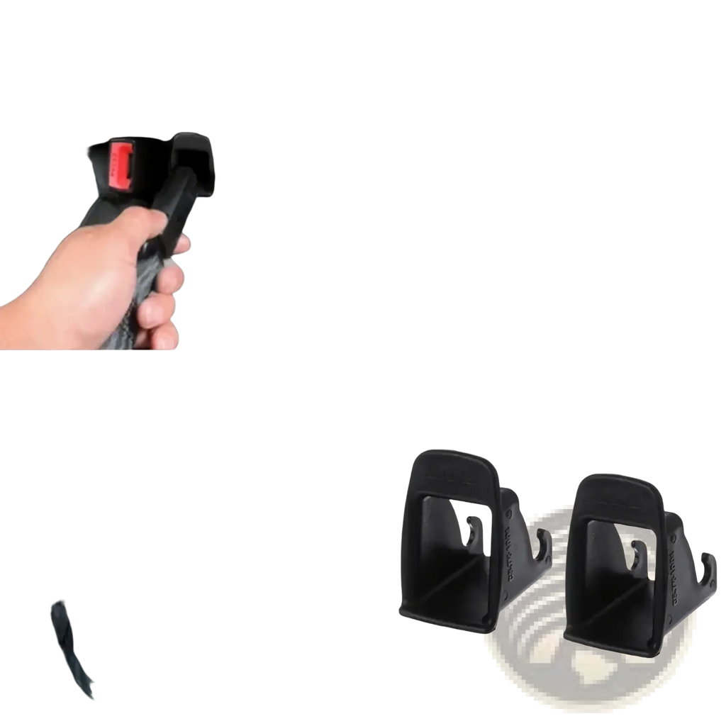 Black plastic isofix latch guide connector with red release buttons for car baby seat installation