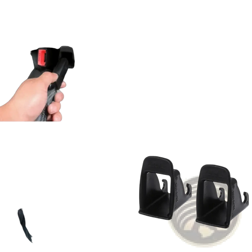 Black plastic isofix latch guide connector with red release buttons for car baby seat installation