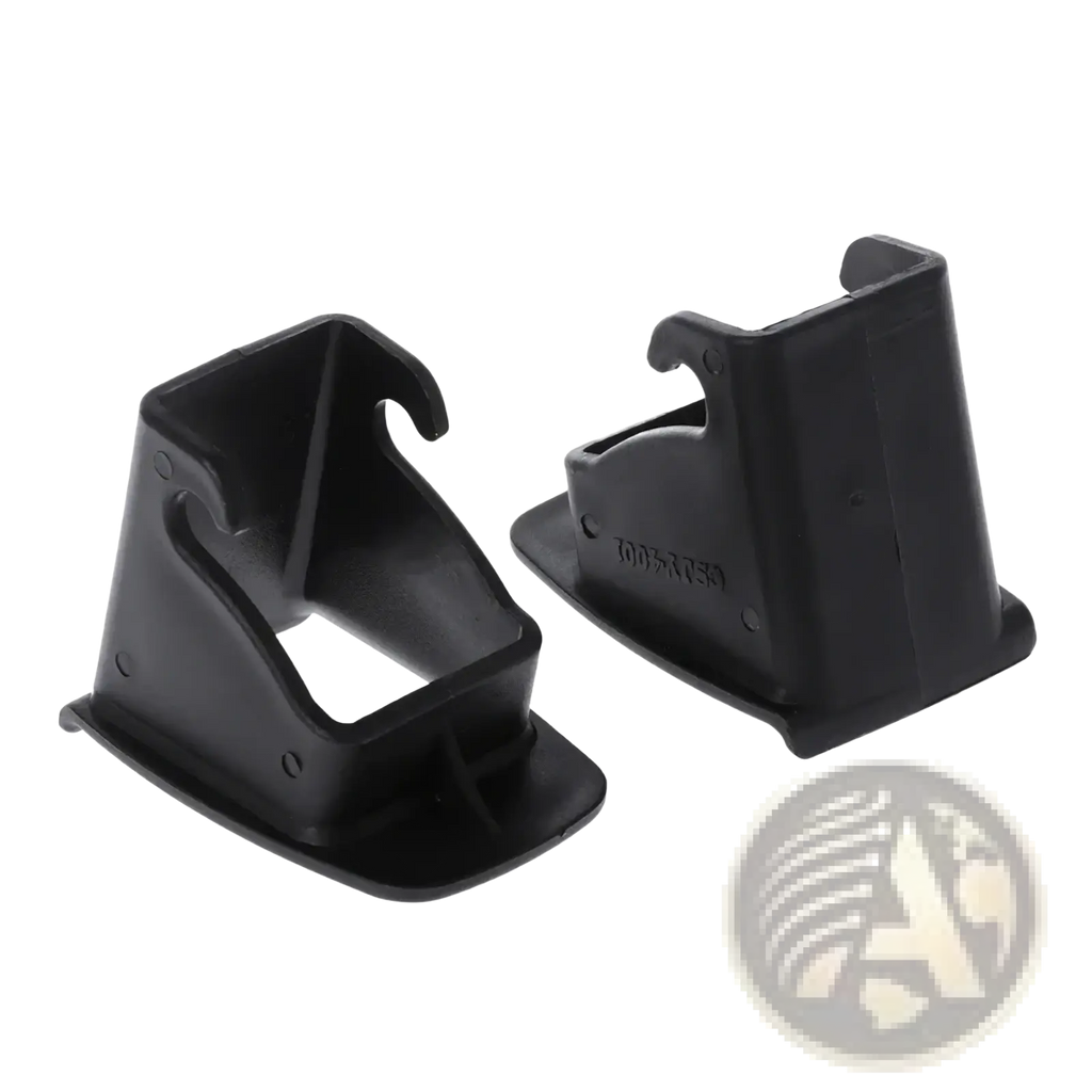 Black plastic isofix latch guide connector for car baby seat with hook-shaped top and flat base visible from back side