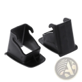 Black plastic isofix latch guide connector for car baby seat with hook-shaped top and flat base visible from back side