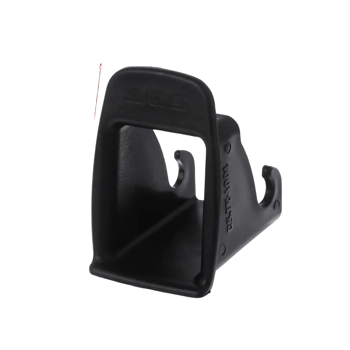 Black plastic isofix latch guide connector with rectangular shape and two curved hooks for car baby seat safety